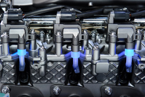 Fragment of the metal and chrome parts of automobile engine